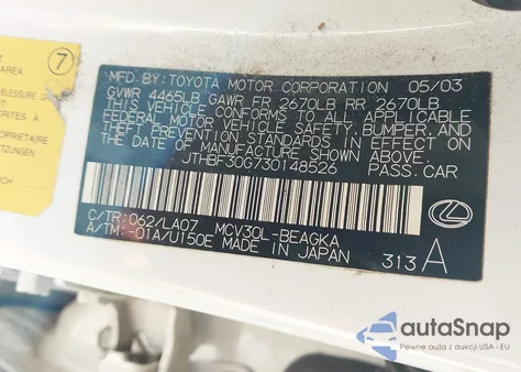 2003 Lexus Es 300 z USA, uszkodzony, nr VIN JTHBF30G730148526